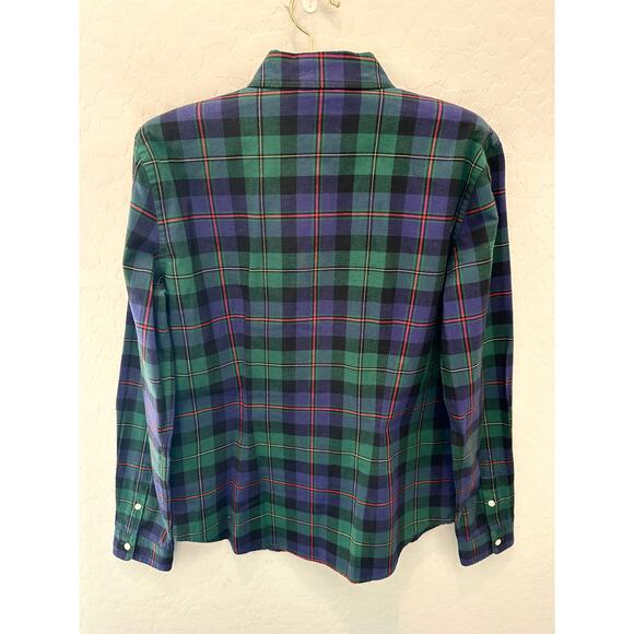 🆕 AMERICAN LIVING | Green Plaid Tuxedo Ruffle Classic Long Sleeve Blouse |Small - Picture 4 of 7